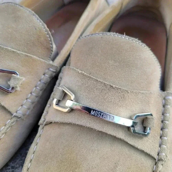 Moschino Mens Genuine Suede Driving Loafers Mocassin Shoes Tan Brown Horsebit 13 - Picture 2 of 10